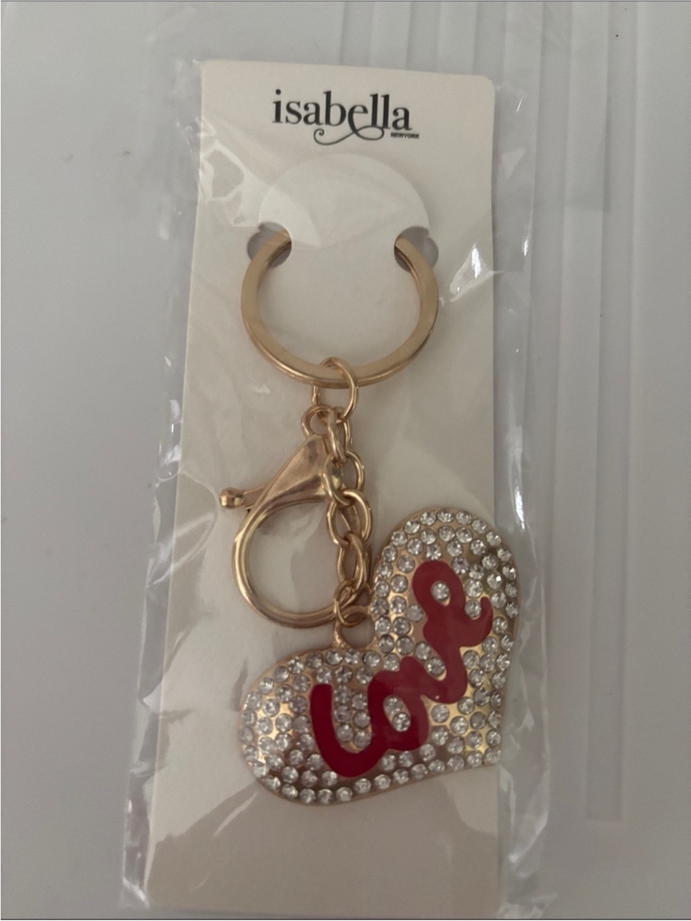 Abella Gold Tone Heart Keychain with Red 'love' Script and Crystals